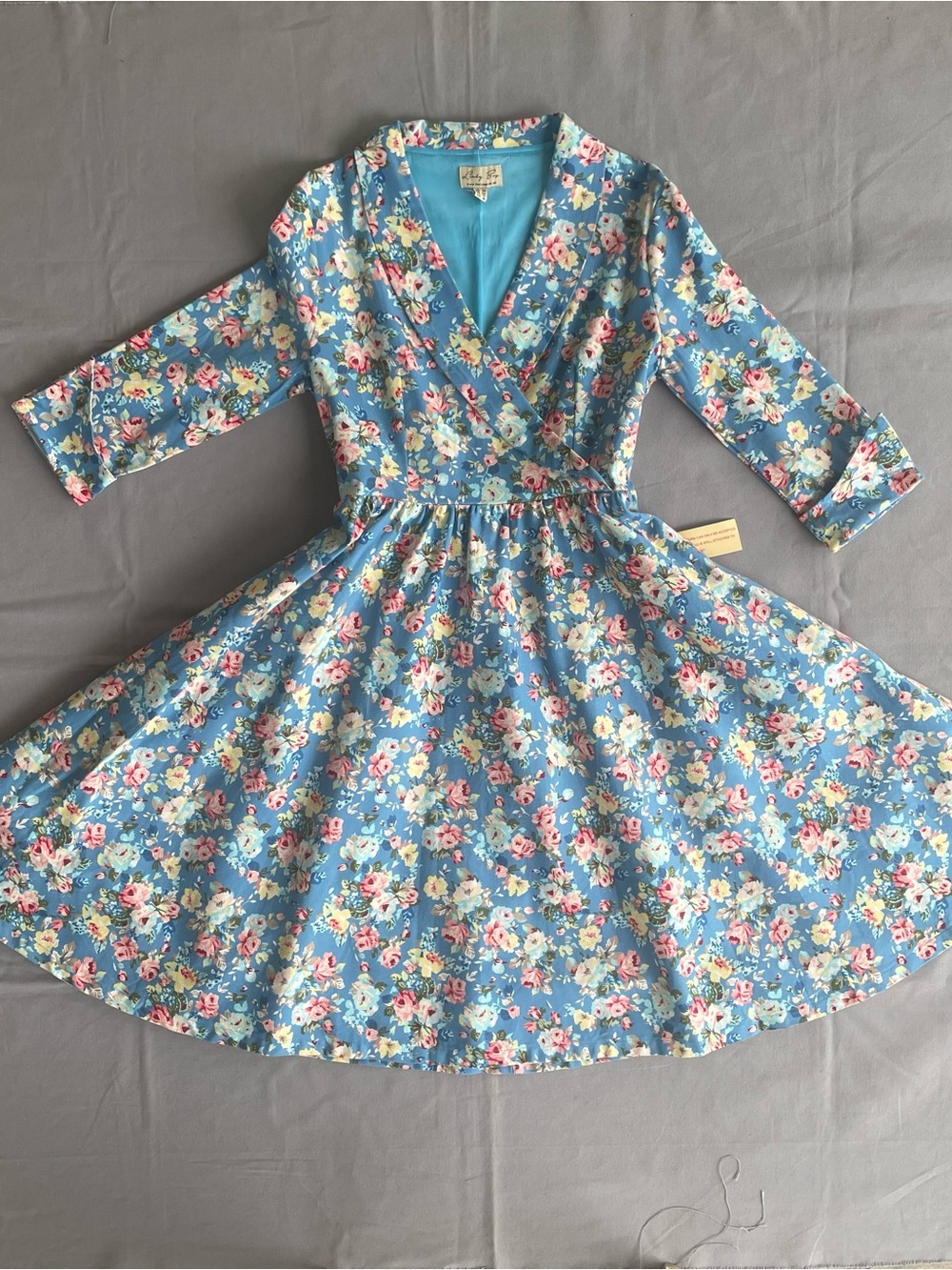 Lindy Bop Women Midi Dress Sz 12 Blue Vivi Floral Cottagcore Retro Stretch 50’s